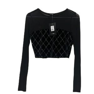 Women’s FASHION NOVA, Long Sleeves, See Through, Crop Top, Black/Silver, Small